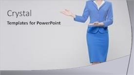  Presentation with blue - Theme featuring portrait-of-charming-stewardess-wearing background and a light gray colored foreground