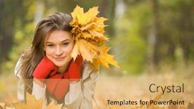  Presentation with maple leaves - Cool new presentation theme with portrait of charming woman with maple leaves looking at camera and smiling backdrop and a yellow colored foreground