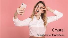  Presentation with red carpet retro style - Amazing PPT theme having portrait of cheeky blond woman backdrop and a coral colored foreground