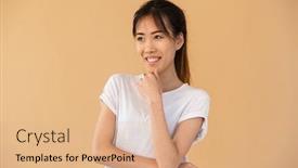  Presentation with basic - Cool new PPT theme with portrait of cheerful asian woman wearing basic t-shirt smiling and looking aside isolated over beige background in studio backdrop and a coral colored foreground