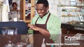  Presentation with biscuit coffee - PPT layouts with portrait of cheerful barista making background and a  colored foreground
