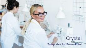  Presentation with machine shop - Cool new PPT theme with portrait-of-cheerful-blond-woman backdrop and a sky blue colored foreground