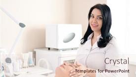  Presentation with lab coat - Theme featuring portrait-of-cheerful-brunette-cosmetologist background and a lemonade colored foreground