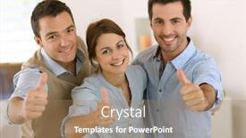  Presentation with team - Theme with portrait of cheerful business team showing thumbs up background and a coral colored foreground