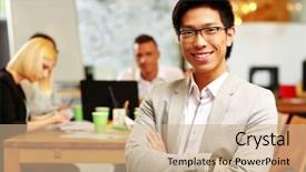  Presentation with cheerful - Theme featuring portrait of cheerful businessman with arms folded sitting in front of colleagues background and a coral colored foreground