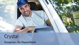  Presentation with delivery van - Slide deck enhanced with portrait of cheerful delivery person background and a light blue colored foreground