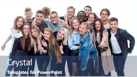  Presentation with diverse people - Colorful PPT theme enhanced with portrait-of-cheerful-diverse-young backdrop and a ocean colored foreground