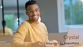  Presentation with cheerful - Colorful PPT theme enhanced with portrait-of-cheerful-ethnic-guy backdrop and a coral colored foreground