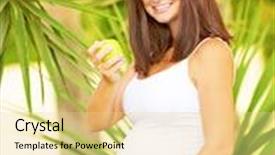 Presentation with palm leaves - Presentation design featuring portrait of cheerful expectant girl eating fresh tasty apple fruit standing on fresh green palm leaves background healthy pregnancy concept background and a blonde colored foreground