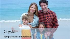  Presentation with sea shore - PPT theme consisting of portrait of cheerful family taking selfie while standing at sea shore background and a light blue colored foreground