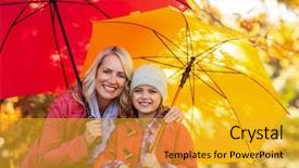  Presentation with cheerful stylish city girl using - Slides consisting of portrait of cheerful girl holding umbrella with mother at park background and a gold colored foreground