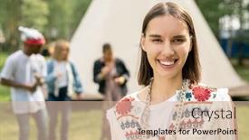  Presentation with hippie - Colorful slide set enhanced with portrait-of-cheerful-hippie-brunette backdrop and a soft green colored foreground