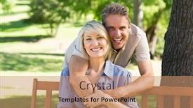  Presentation with cheerful - Presentation design with portrait of cheerful man embracing woman from behind in park background and a coral colored foreground