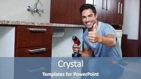  Presentation with cordless - PPT layouts consisting of portrait of cheerful man showing thumbs up while using cordless hand drill at home background and a teal colored foreground