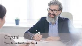  Presentation with front desk - Beautiful theme featuring portrait-of-cheerful-mature-hr backdrop and a light gray colored foreground