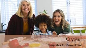  Presentation with food preparation - Theme enhanced with portrait-of-cheerful-multiracial-multigeneration background and a coral colored foreground