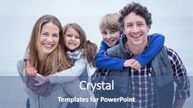  Presentation with children parents - Cool new slides with portrait of cheerful parents carrying children at beach backdrop and a ocean colored foreground