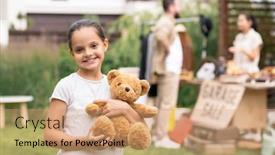  Presentation with pretty girl - PPT theme having portrait-of-cheerful-pretty-girl background and a coral colored foreground