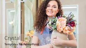  Presentation with flowers vase - Presentation theme enhanced with portrait of cheerful pretty young woman florist holding vase with beautiful fresh flowers in shop background and a soft green colored foreground