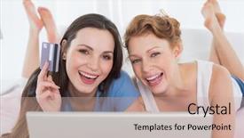  Presentation with online shopping - Colorful slide set enhanced with portrait of cheerful relaxed young female friends doing online shopping through laptop and credit card in bed backdrop and a coral colored foreground