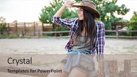  Presentation with cowgirl - PPT layouts enhanced with portrait of cheerful relaxed young woman cowgirl sitting on fence and smiling background and a mint green colored foreground