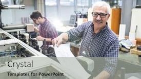  Presentation with printing press - Audience pleasing theme consisting of portrait-of-cheerful-senior-man backdrop and a light gray colored foreground