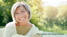  Presentation with relaxing - Slide deck with portrait of cheerful senior woman relaxing in outdoors sofa background and a mint green colored foreground