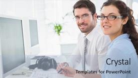  Presentation with team working together - Slide set consisting of portrait of cheerful team working together in the office background and a light blue colored foreground