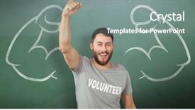  Presentation with green-chalkboard - Slide set featuring portrait of cheerful volunteer against green chalkboard background and a gray colored foreground