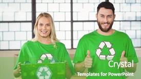  Presentation with recycling - Audience pleasing PPT layouts consisting of portrait of cheerful volunteers in recycling symbol tshirts at office backdrop and a shamrock green colored foreground
