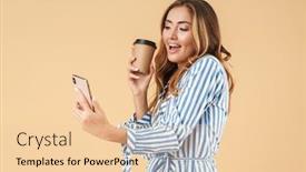  Presentation with takeaway coffee - Amazing presentation design having portrait of cheerful woman holding takeaway coffee cup while taking selfie photo isolated over beige background in studio backdrop and a lemonade colored foreground