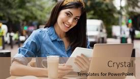  Presentation with tablet - PPT layouts consisting of portrait-of-cheerful-woman-holding background and a  colored foreground