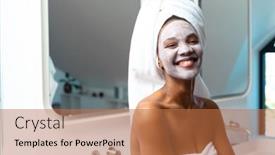  Presentation with home care - Presentation theme featuring portrait-of-cheerful-young-african background and a coral colored foreground