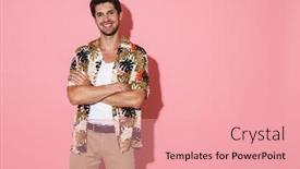  Presentation with cheerful - Beautiful slide deck featuring portrait-of-cheerful-young-man backdrop and a coral colored foreground