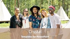  Presentation with campsite - Slide deck having portrait-of-cheerful-young-multi background and a coral colored foreground