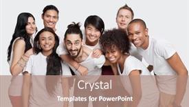  Presentation with ethnic - Presentation theme consisting of portrait-of-cheerful-young-multi background and a coral colored foreground