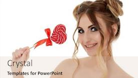  Presentation with lollipop - Audience pleasing theme consisting of portrait of cheerful young woman with lollipop on a white background pin up style backdrop and a lemonade colored foreground