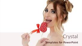  Presentation with lollipop - Cool new slides with portrait of cheerful young woman with lollipop on a white background pin up style backdrop and a lemonade colored foreground