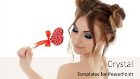  Presentation with lollipop - Beautiful theme featuring portrait of cheerful young woman with lollipop on a white background pin up style backdrop and a lemonade colored foreground