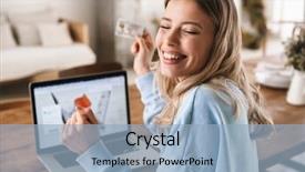  Presentation with woman pushing shopping trolley - PPT theme with portrait of cheery blond woman background and a light blue colored foreground