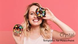  Presentation with donuts pink - Amazing slide deck having portrait of cheery blond woman 20s wearing casual t-shirt smiling while holding tasty sweet donuts isolated over pink background backdrop and a coral colored foreground