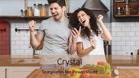  Presentation with listening woman - Presentation featuring portrait of cheery couple man background and a coral colored foreground