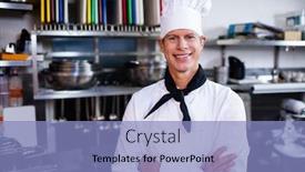  Presentation with commercial - PPT theme enhanced with portrait of chef posing in commercial kitchen with crossed arms background and a light blue colored foreground