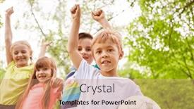  Presentation with winning - Slides featuring portrait-of-children-cheering-together background and a coral colored foreground