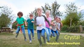  Presentation with children playing - Presentation design consisting of portrait-of-children-on-outdoor background and a violet colored foreground