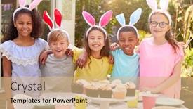  Presentation with outdoor party - Presentation theme with portrait-of-children-wearing-bunny background and a coral colored foreground