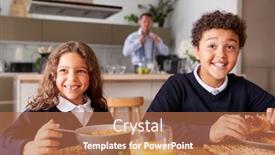  Presentation with school children - Cool new PPT theme with portrait-of-children-wearing-school backdrop and a coral colored foreground