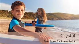 Presentation with children - PPT theme having portrait-of-children-wearing-wetsuits background and a coral colored foreground