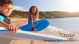  Presentation with children - Cool new PPT theme with portrait-of-children-wearing-wetsuits backdrop and a soft green colored foreground