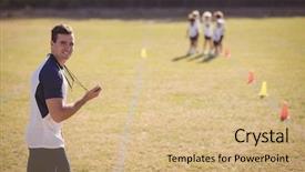  Presentation with part time job during studies - Presentation design having portrait of coach holding stopwatch background and a coral colored foreground